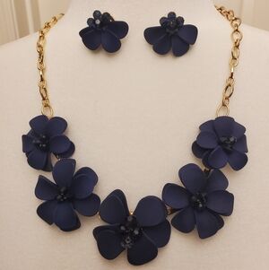 Elegant Navy Floral Necklace and Pierced Earrings Set
